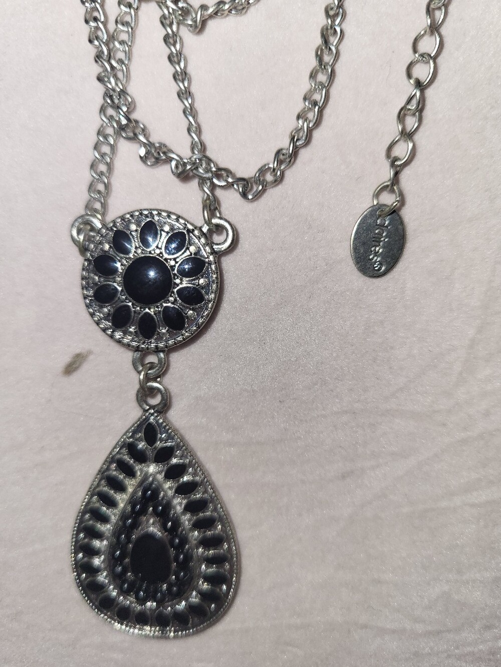 Y2K Claire’s Goth Vampire Black Resin Filigree Statement Necklace Silver Tone